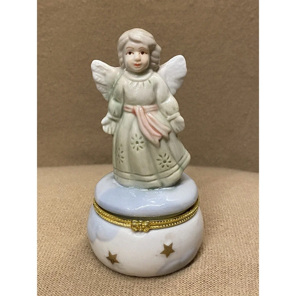 Vintage 1990 Porcelain Angel Girl W Open Arms Trinket Hinged Box Stars & Clouds